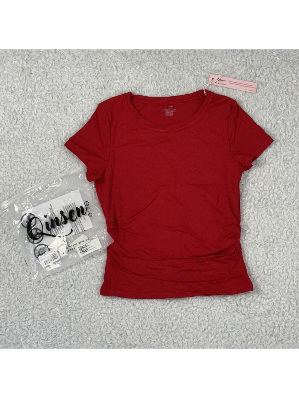 NWT Qinsen Women’s Fitted Red Short Sleeve Shirt w/ side ruching (size M) #TM225